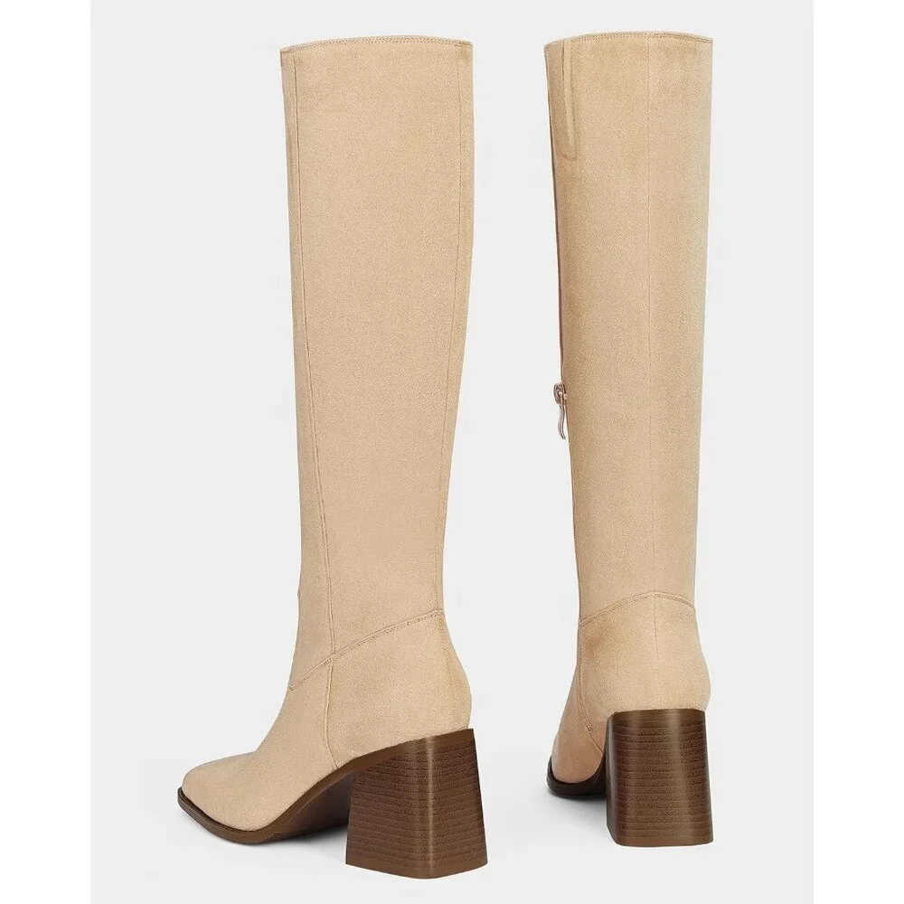 Women Nude Polyurethane Knee High Square Toe Side Zipper Block Heel Tall Boots